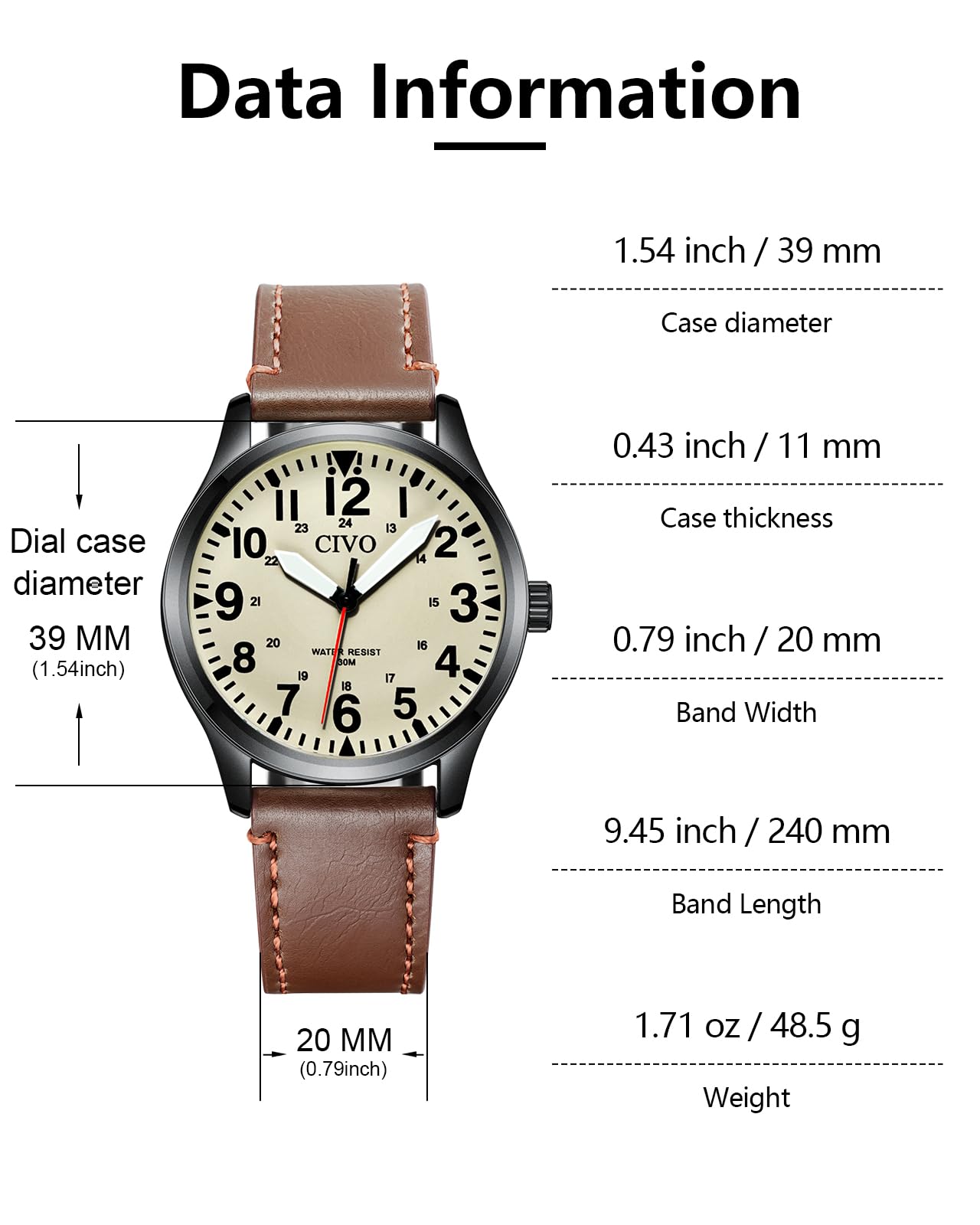 CIVO Analog Wrist Watches for Men: Leather Mens Watches Casual Design, Easy to Read, Waterproof