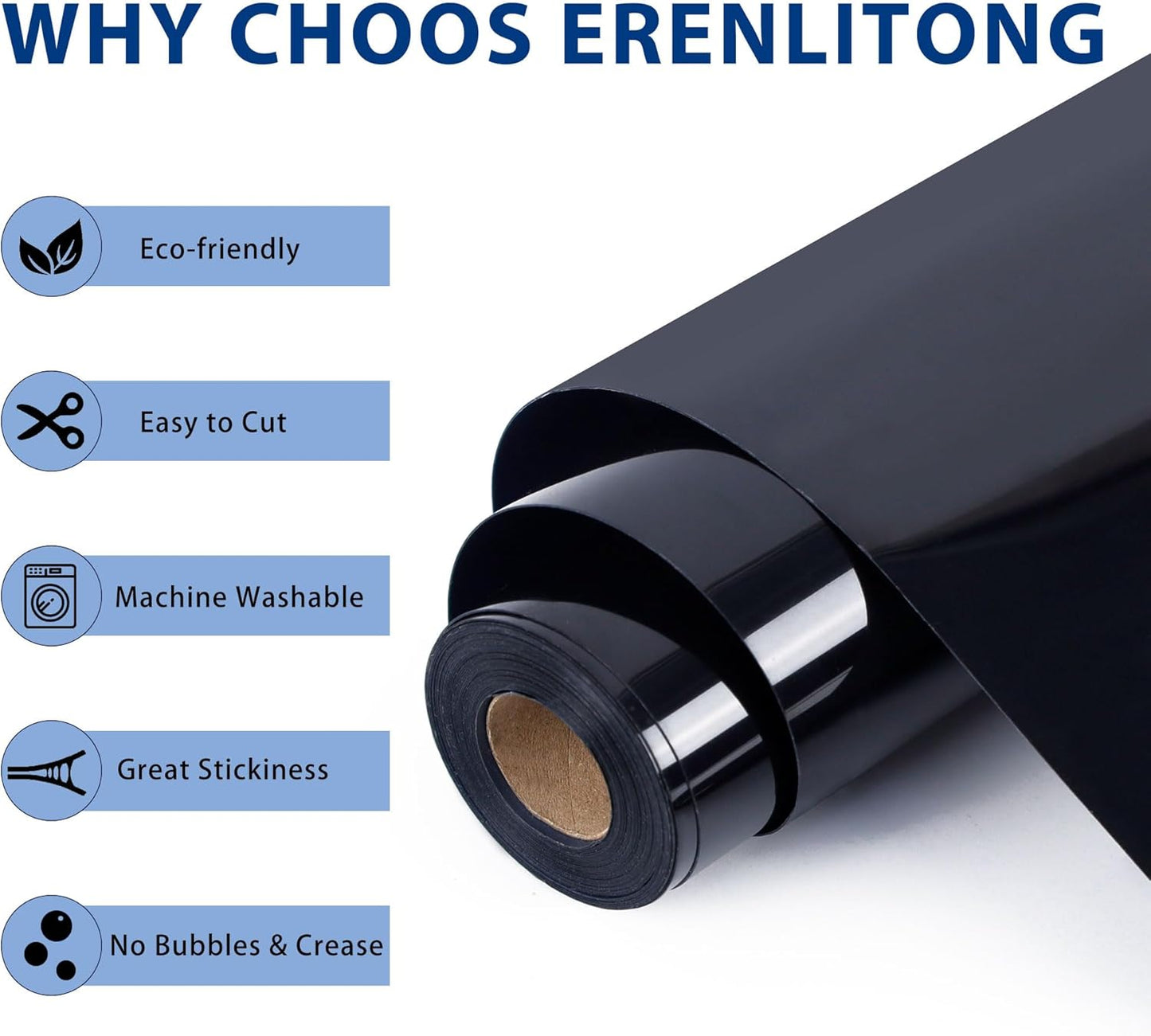 RENLITONG Black Iron on Vinyl 12Inch by 50ft Roll HTV Heat Transfer Vinyl for T-Shirt HTV Rolls for All Cutter Machine - Easy to Cut & Weed for Heat Transfer Design