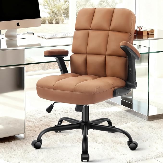 SEATZONE Executive Office Chair Small PU Leather Desk Chair with Wheels,Ergonomic Computer Swivel Rolling Task Chair with Back Support,Brown