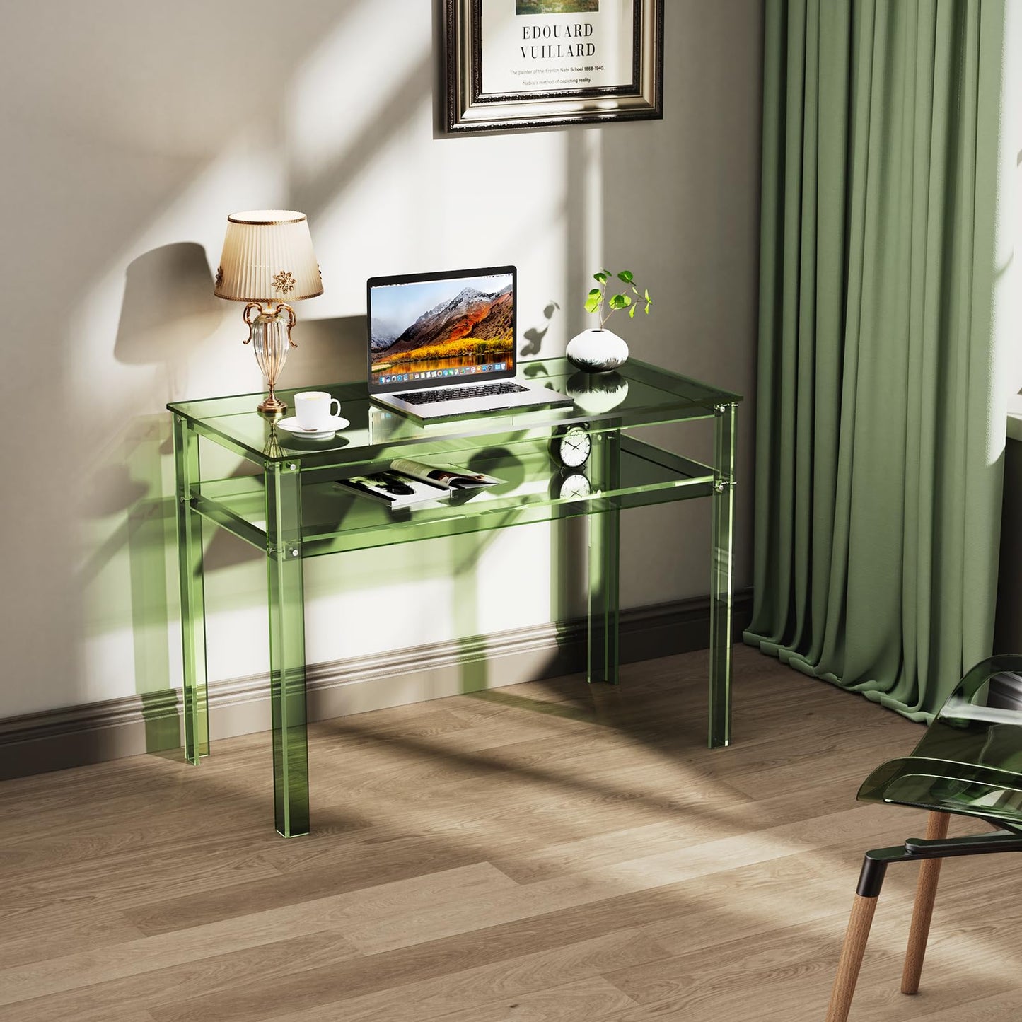 solaround Clear Acrylic Desk with Open Storage, Home Office Computer Writing Desk Office Study Table (Green, 39.4'' x 19.7'' x 29.5'')