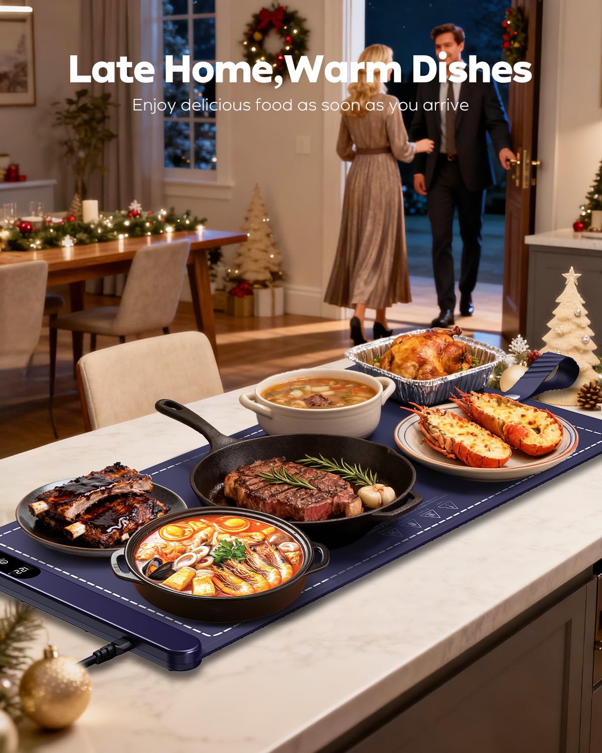 Extra Large Food Warming Mat for Buffet,5s Full Surface Heating,Electric Warming Tray with 3m Power Cord,Roll Up Warming mat for Food,6 Level Adjustable TEM&6H Timer,Auto-Off (Blue, 35.8"×15.8"×0.9")