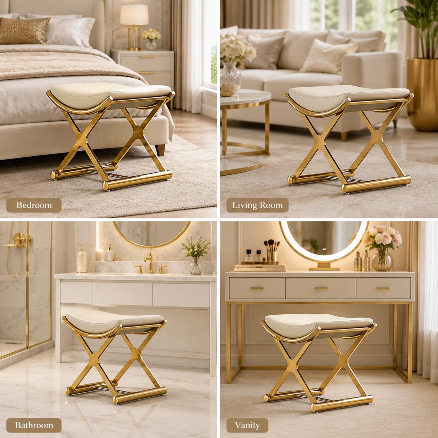 KUCKGO Modern Bathroom Vanity Stool Makeup Chair - Backless Leather Vanity Bench Seat with Metal X Legs, Small Ottoman Footstool for, Bedroom, Living Room, Dressing Room, Gold