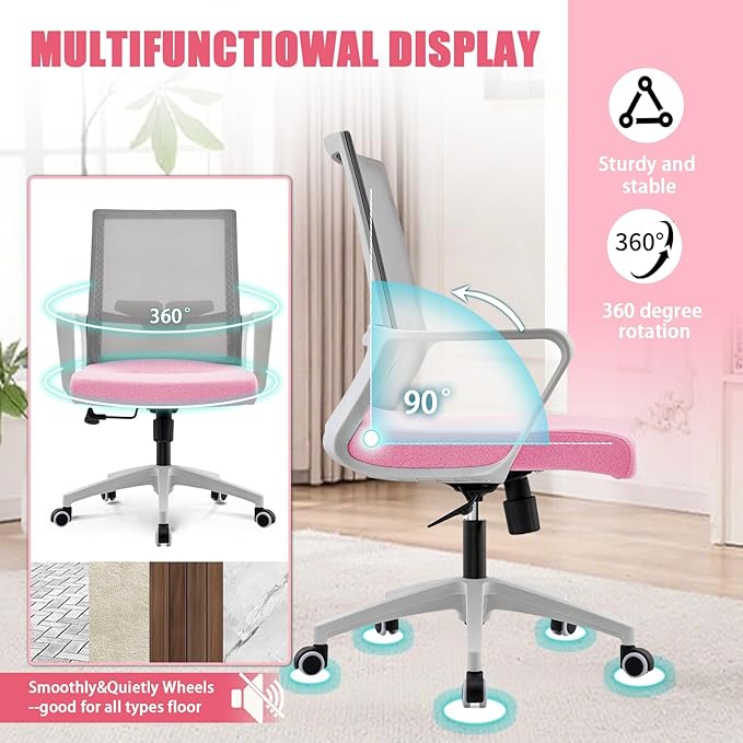 Msdizuo Office Chair ergonomically Designed with Breathable mesh backrest and Lumbar Support Adjustable Height Suitable for Offices Homes bedrooms Study Rooms (Pink)