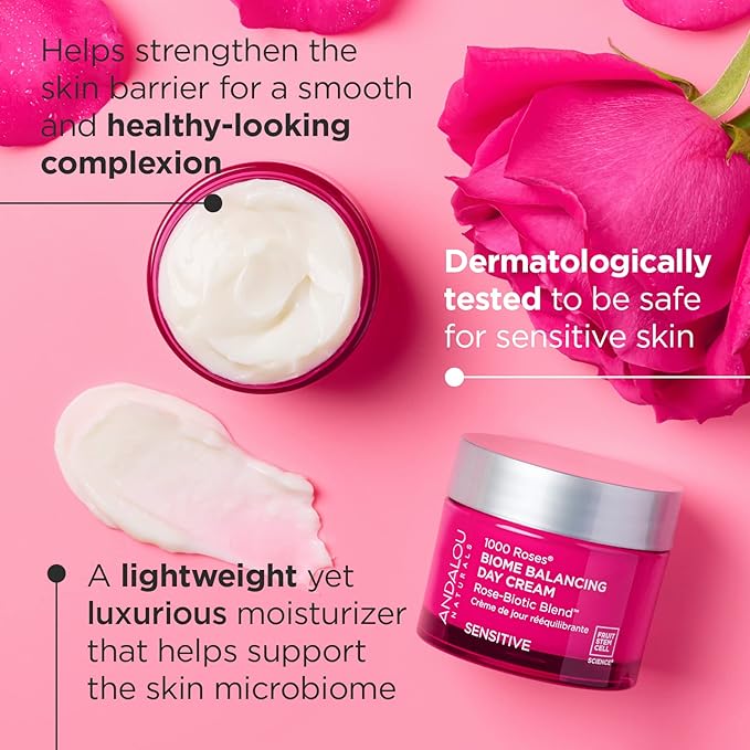 Andalou Naturals 1000 Roses Skin Biome Balancing Day Cream - Lightweight Face Moisturizer with Alpine Rose Stem Cells, Postbiotics - Soothing Hydration for Sensitive Skin - 1.7 Oz