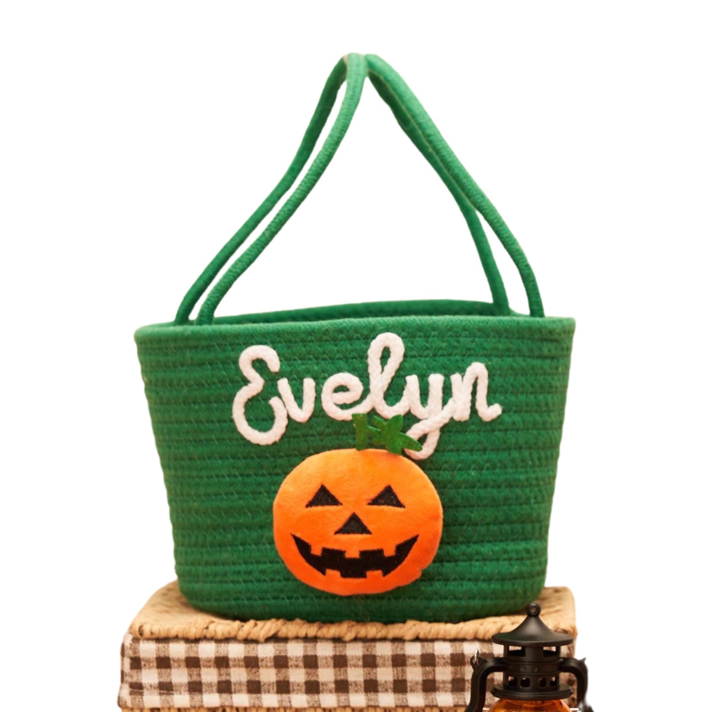 SphonxAi Personalized Halloween Basket, Customized Trick or Treat Bucket, Handmade Knitted Candy Tote, Halloween Basket with Name, Costume Ghost Bucket (Green)