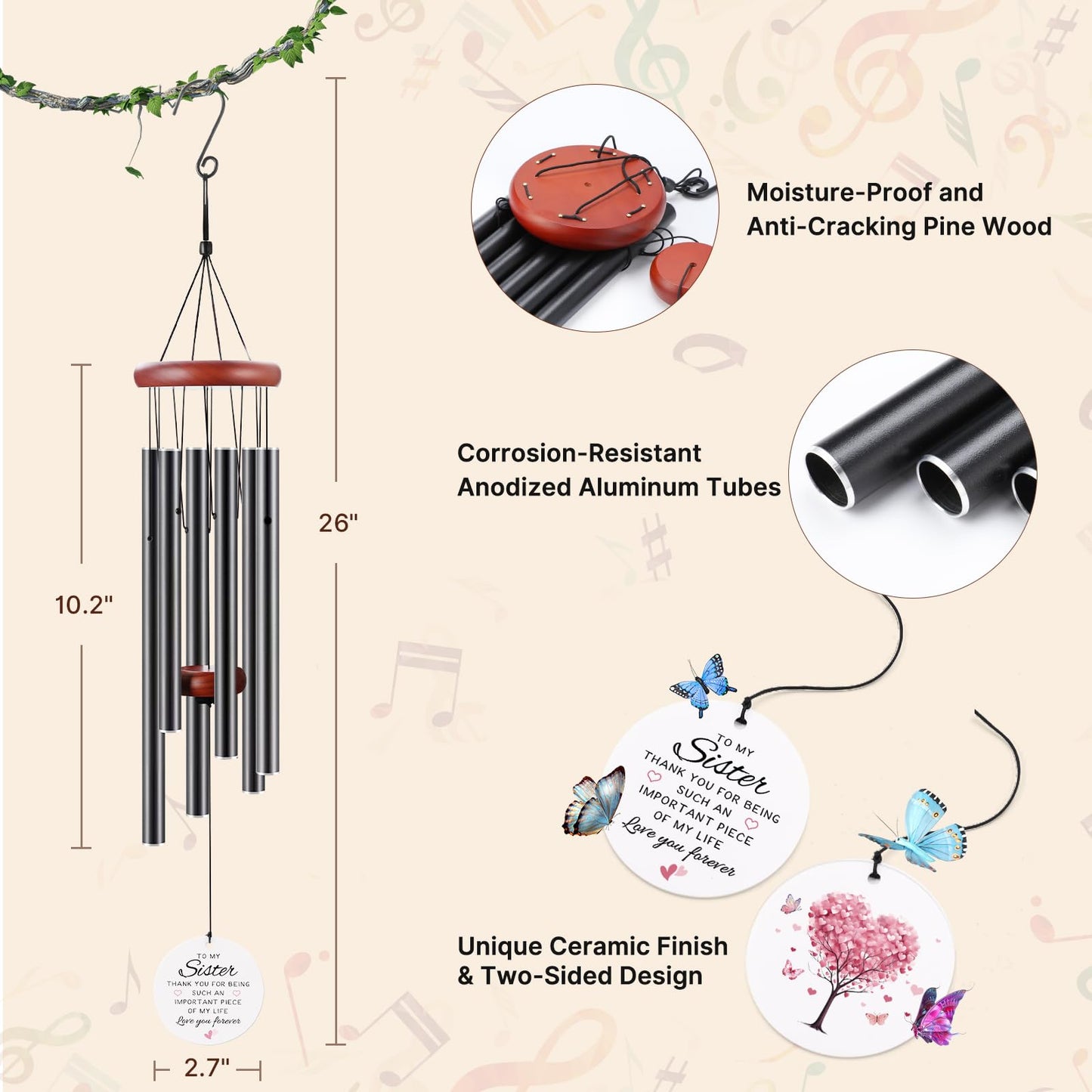 BeauGift Sister Birthday Gifts, Ceramic Wind Chime from Big Sisters Brother, Best Sister Ever Wind Chimes Gift for Christmas Wedding Graduation, Home Decor Keepsake for Bestie Stepsister Sis in Law