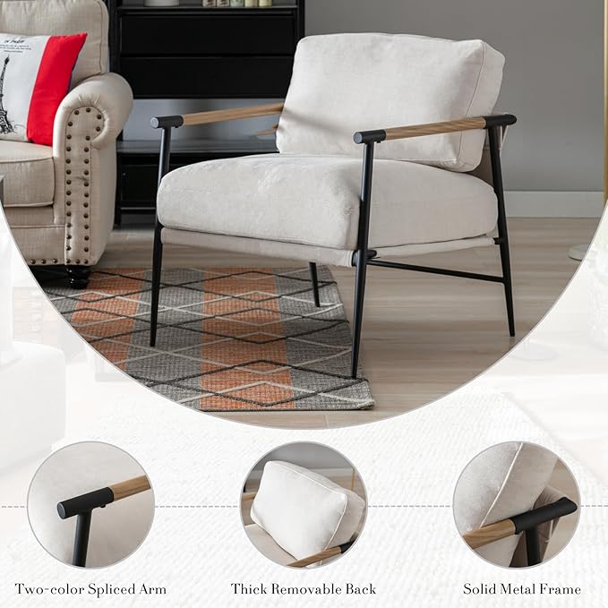 HEAH-YO Modern Accent Chair Set of 1, Upholstered Chenille Fabric Living Room Chair with Backrest, Comfy Armchair Side Chair for Bedroom, Beige