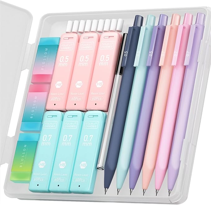 Four Candies Cute Mechanical Pencil Set, 6PCS Pastel Mechanical Pencils 0.5 & 0.7mm with 360PCS HB Leads, 3PCS Erasers and...