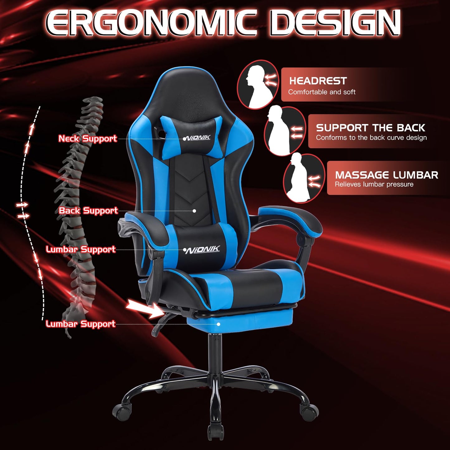 Gaming Chair with Footrest, Ergonomic Computer Chair with Headrest and Lumbar Support, PU Breathable Material Height Adjustable Video Game Chairs for Adults, BlackBlue