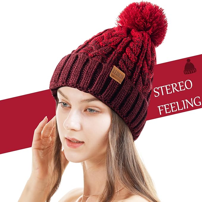 REDESS Women Winter Pompom Beanie Hat with Warm Fleece Lined, Thick Slouchy Snow Knit Skull Ski Cap