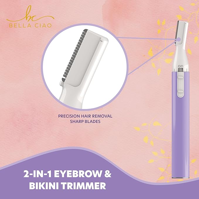 Bella Ciao Eyebrow and Bikini Trimmer for Women, Gentle Electric Facial Hair Removal Device, Battery Operated Precision Hair Trimmer with Dual-Sided Trimming Guide, Protective Cap