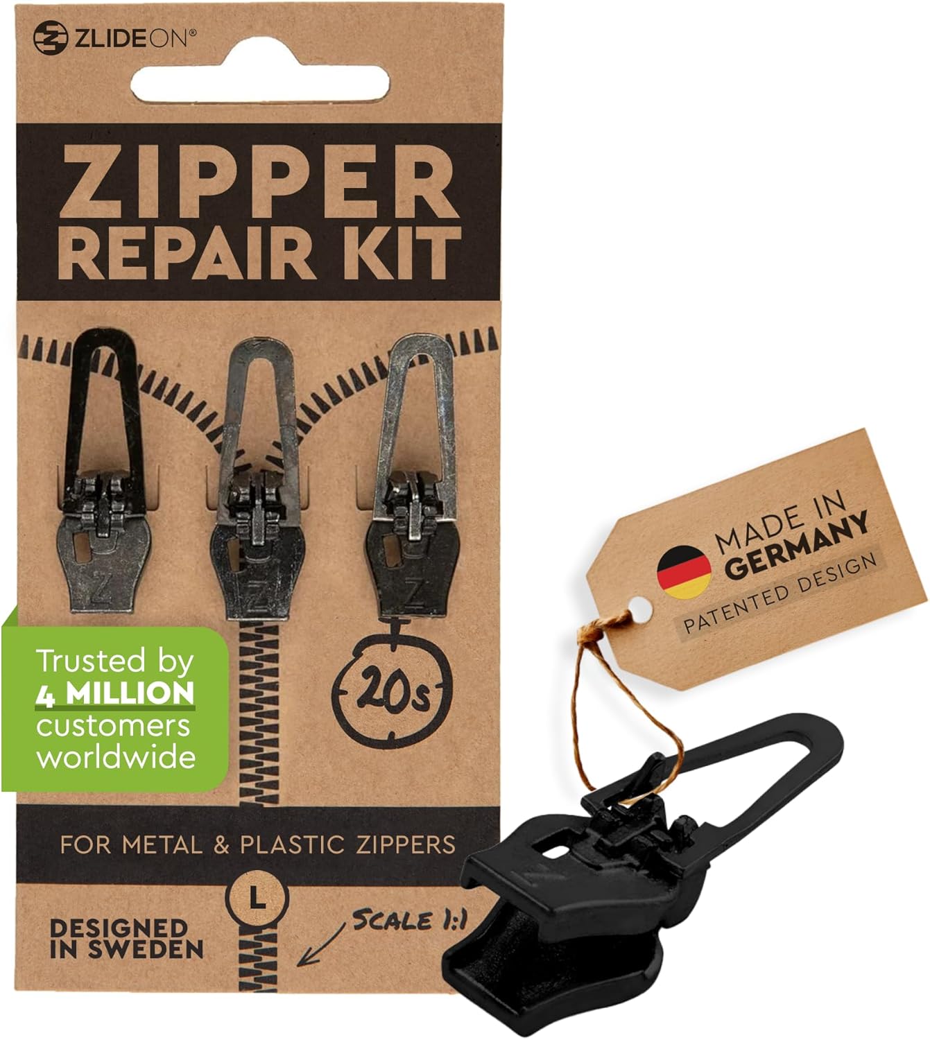 ZlideOn Zipper Pull Replacement - 3pcs, Black, Large - Instant Zipper Replacement Slider Multipack
