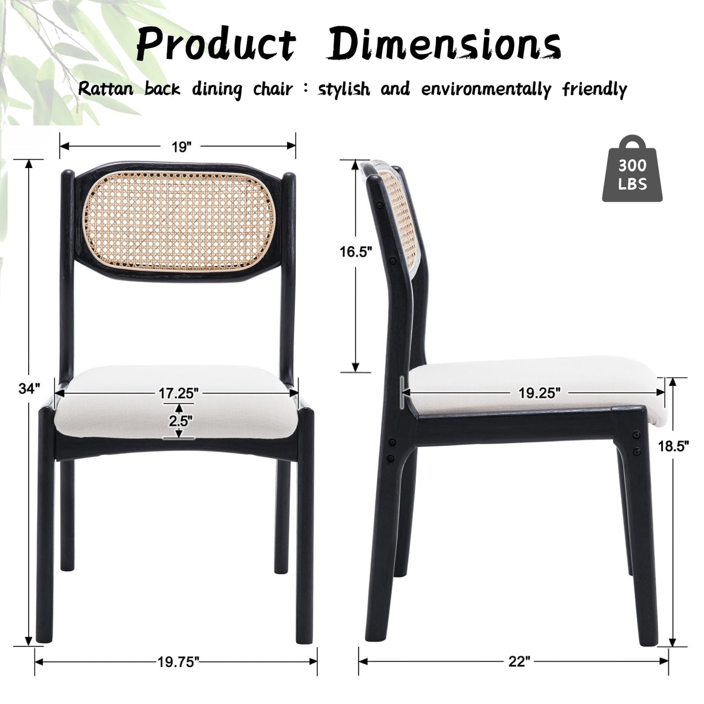 CIMOTA Mid Century Modern Dining Chairs Set of 4 Rattan Farmhouse Dining Room Chairs with Cane Back/Black Wood Frame Upholstered Linen Wooden Kitchen Chairs for Dining Room/Restaurant, Beige
