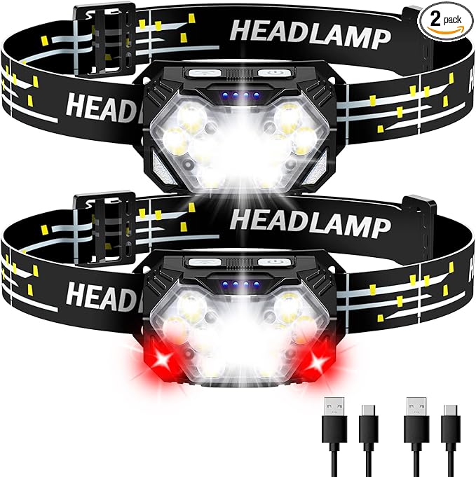 Eirnvop 2000LM Ultra Bright 9 LED Headlamp, 2 Pack USB C Rechargeable Headlights, 10 Modes, Motion Sensor, Waterproof Head...