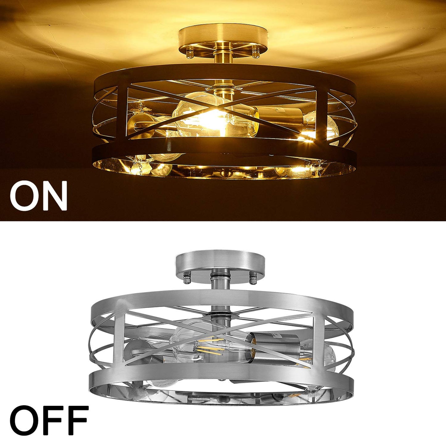 SHENGQINGTOP Modern 3-Light Semi-Flush Mount Ceiling Light 13 Inches Round Lighting Fixtures for Kitchen Island Dining Room Bedroom Farmhouse Foyer Hallway Front Door, Brushed Nickel Finish