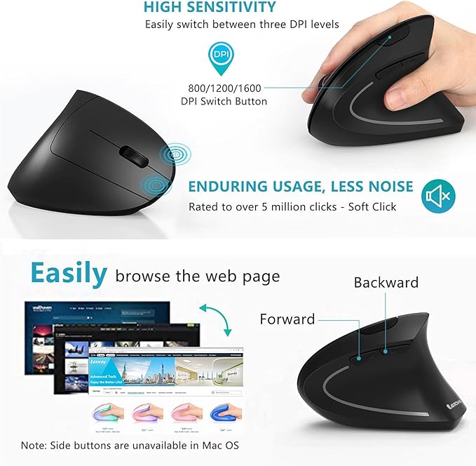 Lekvey Ergonomic Mouse, USB C Wireless Vertical Mouse, Dual Mode Rechargeable USB-A & Type-C Ergo Mouse, 1600 DPI, Relieves Wrist Pain and Carpal Tunnel, for Laptop Computer Mac MacBook PC, Black