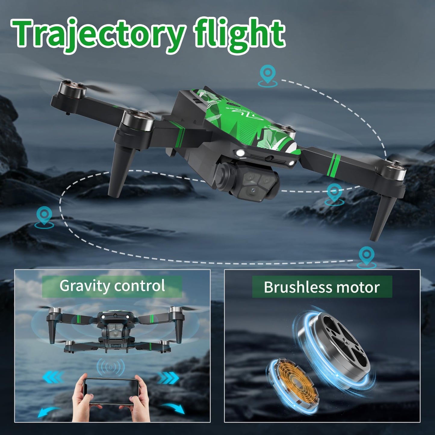 TTROARDS TT19 Drone with 1080P Camera for Adults, Drones with 270° Obstacle Avoidance Function, Brushless Motor, Level 3 Wind Resistance, Foldable Quadcopter Mini Drone for Beginners, Green