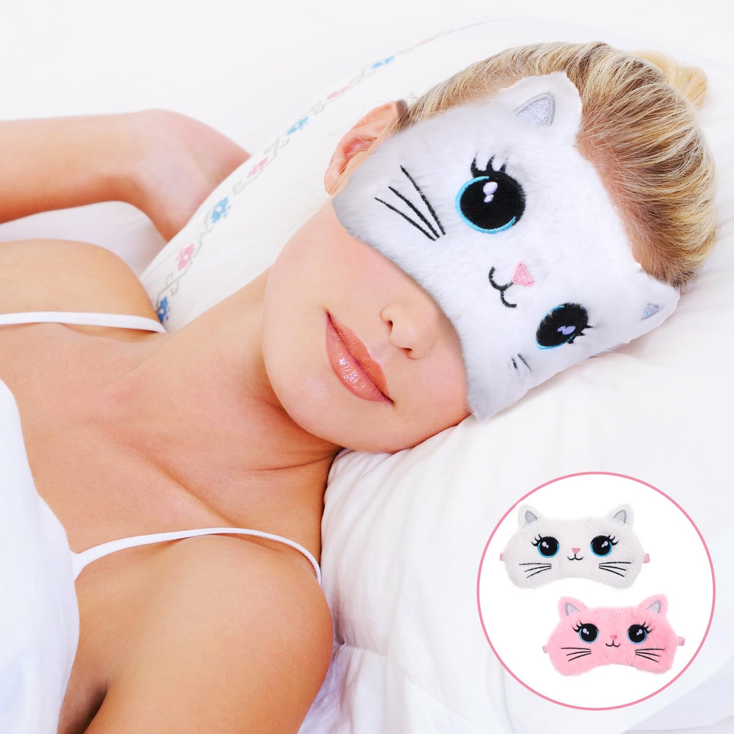 Kids Sleep Mask, 2 Pcs Cute Cat Sleeping Eye Mask Soft Plush Girls Sleep Masks Comfortable Funny Animal Night Eye Masks for Sleeping Blindfold Eye-Cover for Women Girls Home Travel (Pink, White)