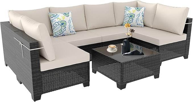 Ophelian 7 Pieces Outdoor Conversation Sectional Rattan Sofa, Patio Furniture Set, with Wicker and Cushions for Garden and Backyard, (Brown/Beige)