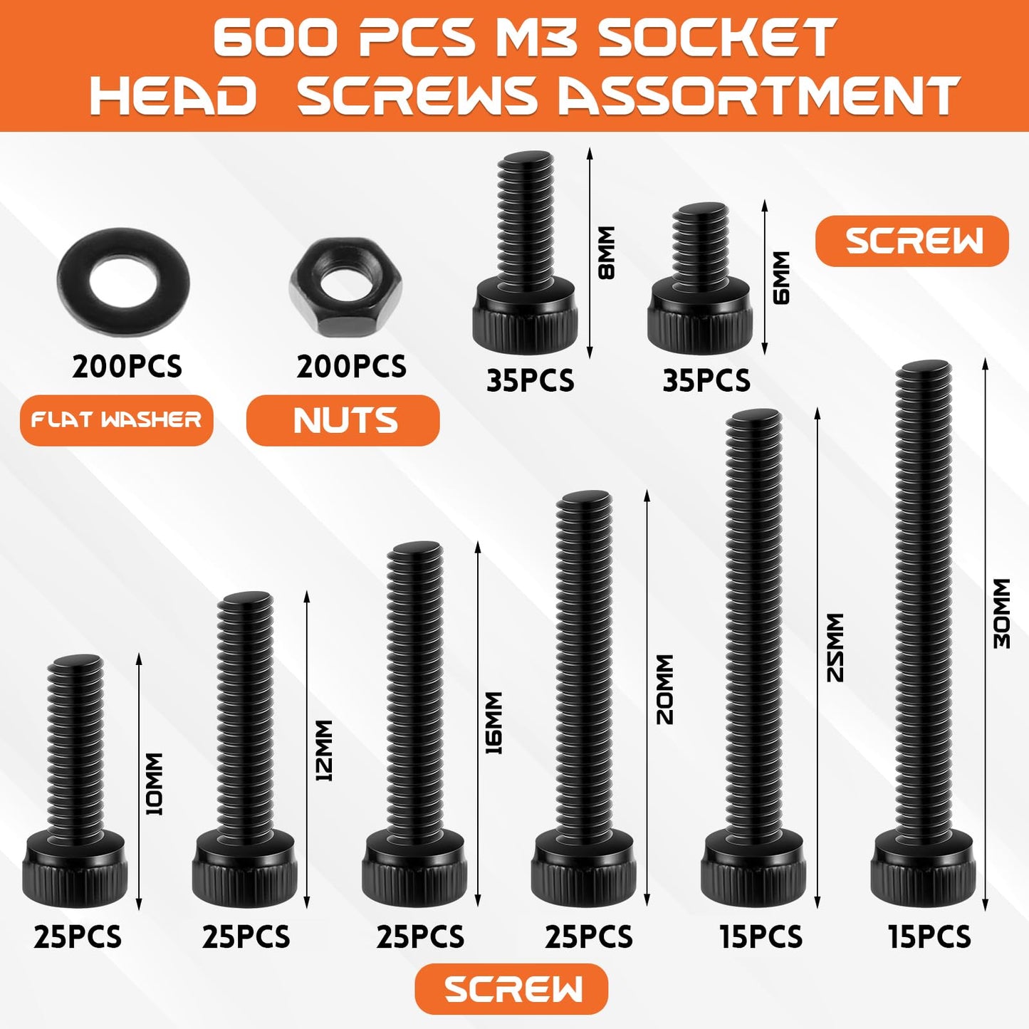600 Pcs M3 Screws Assortment Kit, M3x 6/8/10/12/16/20/25/30mm M3 Screw Kits 12.9 Alloy Steel Nuts and Bolts Assortment Kit Black Zinc Plated Hex Socket Head Screws Nuts Bolts and Washers Set