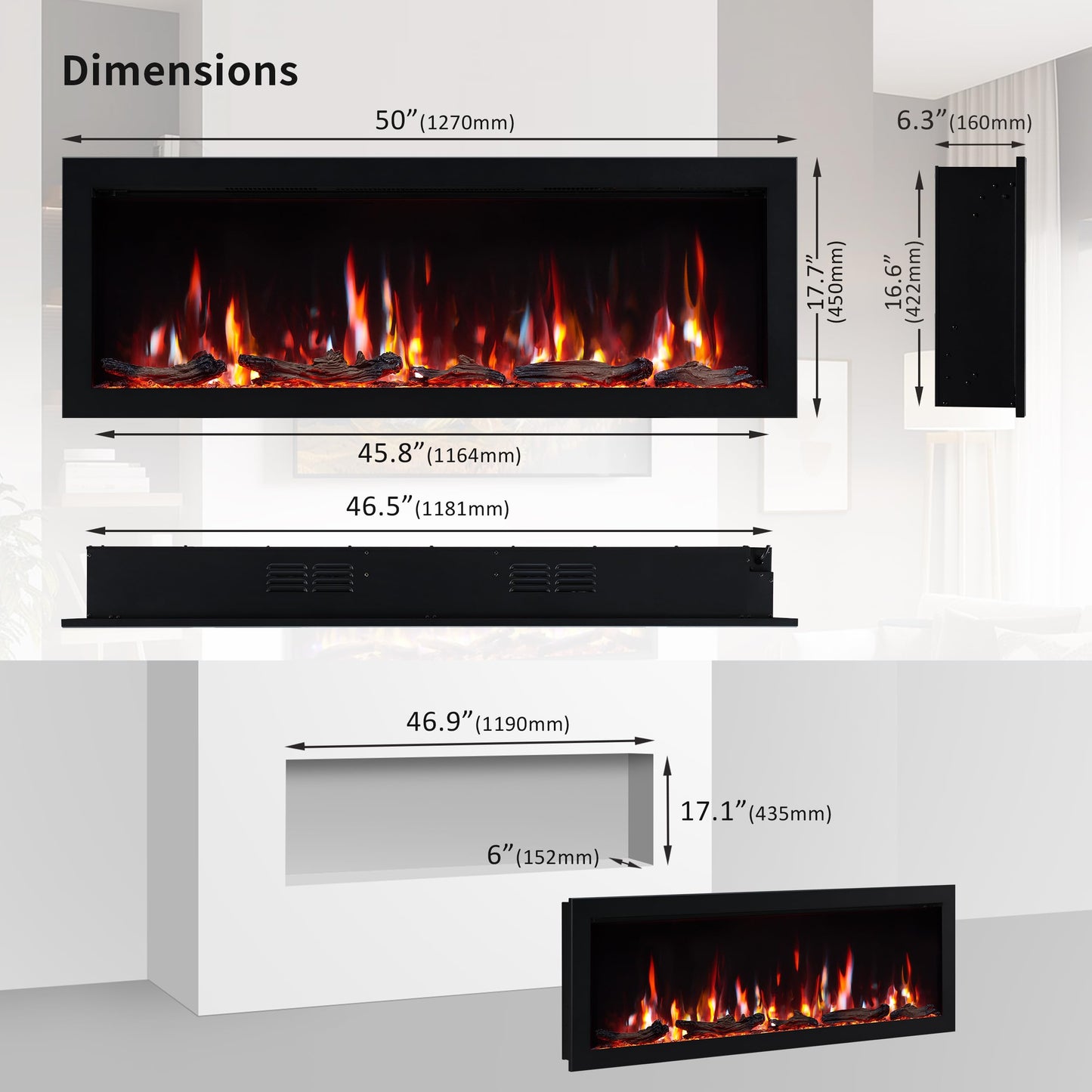 PuraFlame Bernice 50 Inch Smart Linear Electric Fireplace - Clean Hidden Vent Design, Flame with 9 Colors, Recessed in-Wall or Wall-Mount or Free Standing, Compatible with Alexa and Google Assistant