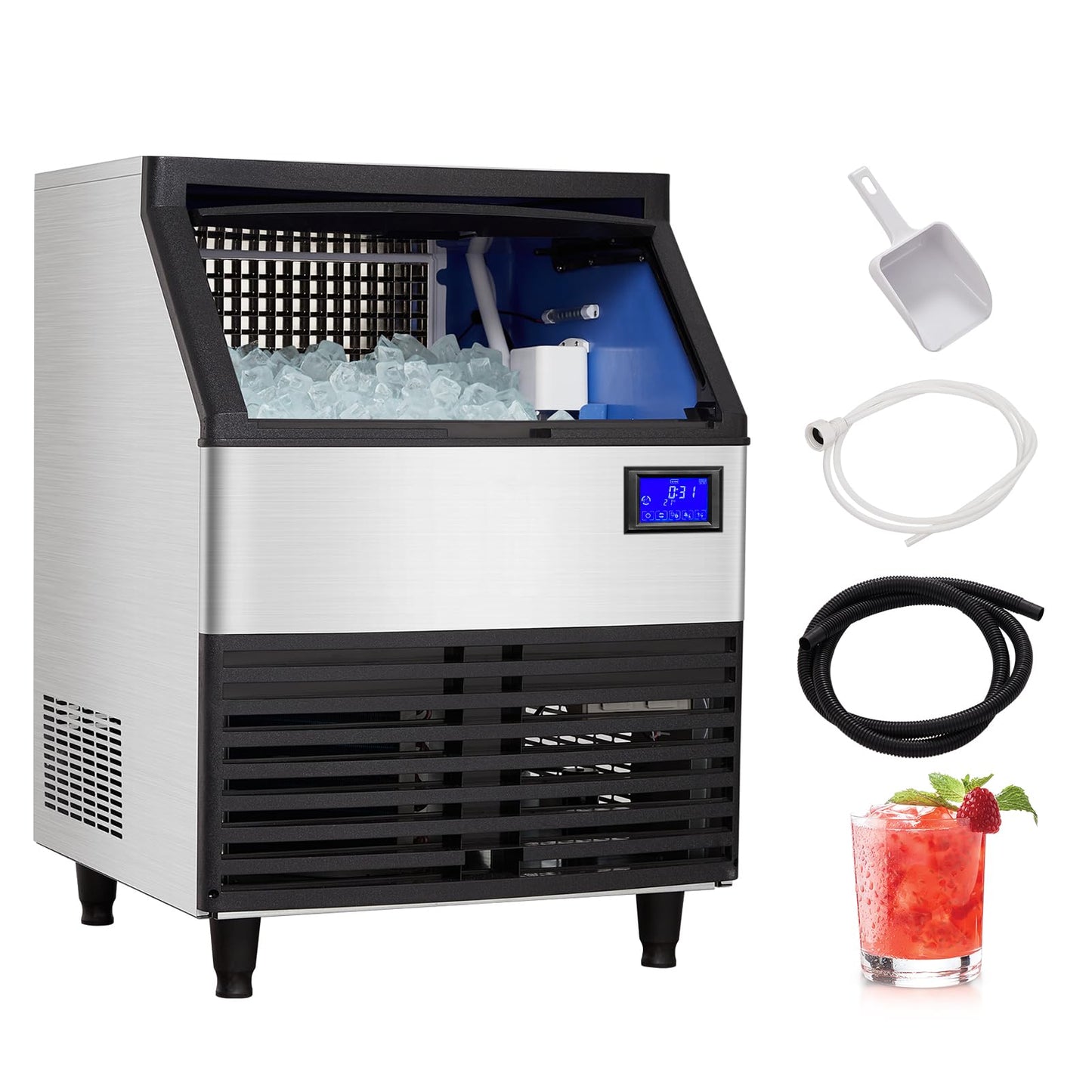Garvee Commercial Ice Maker Machine, 176 LBS/24H Stainless Steel Under Counter Ice Machine with 99 LBS Ice Storage Capacity, LCD Screen Display, Freestanding Commercial Ice Maker