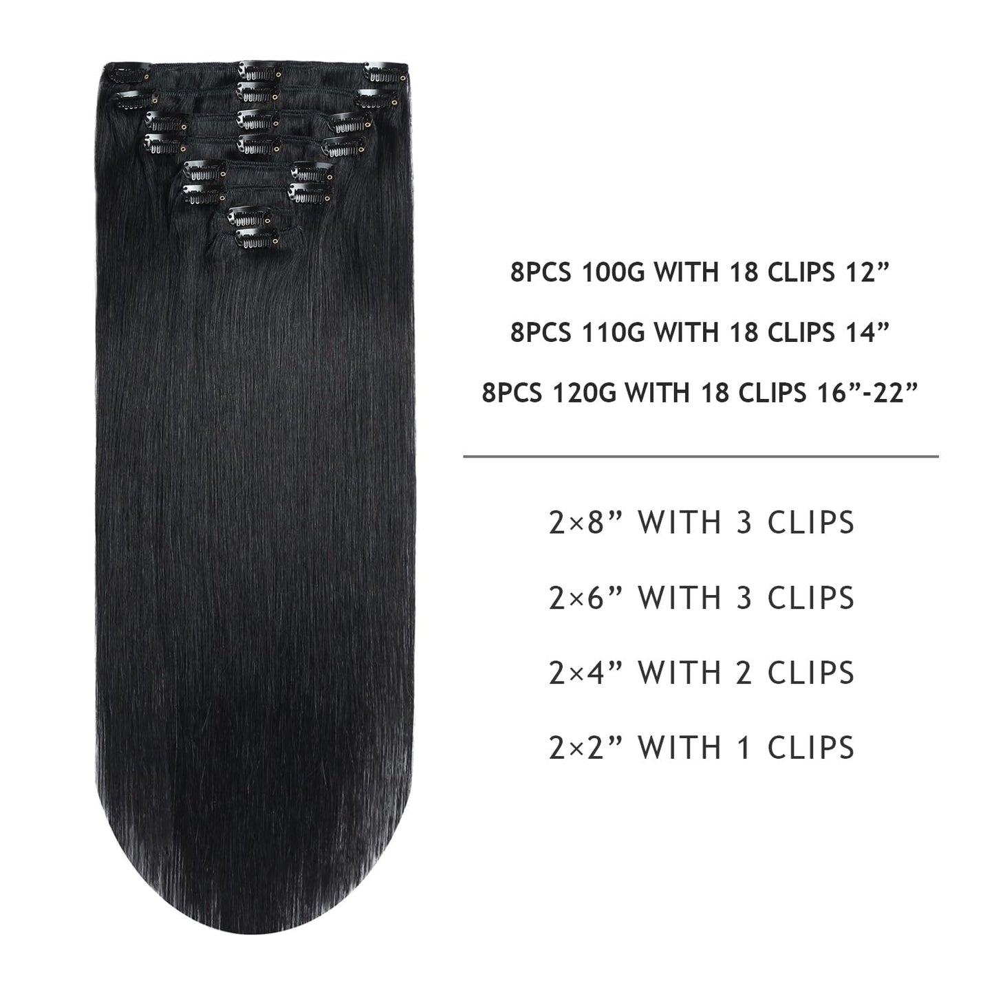 YILITE Jet Black Clip in Hair Extensions Real Human Hair 8Pcs 120Gram/Pack Silky Double Weft Straight Human Hair Extensios Clip
