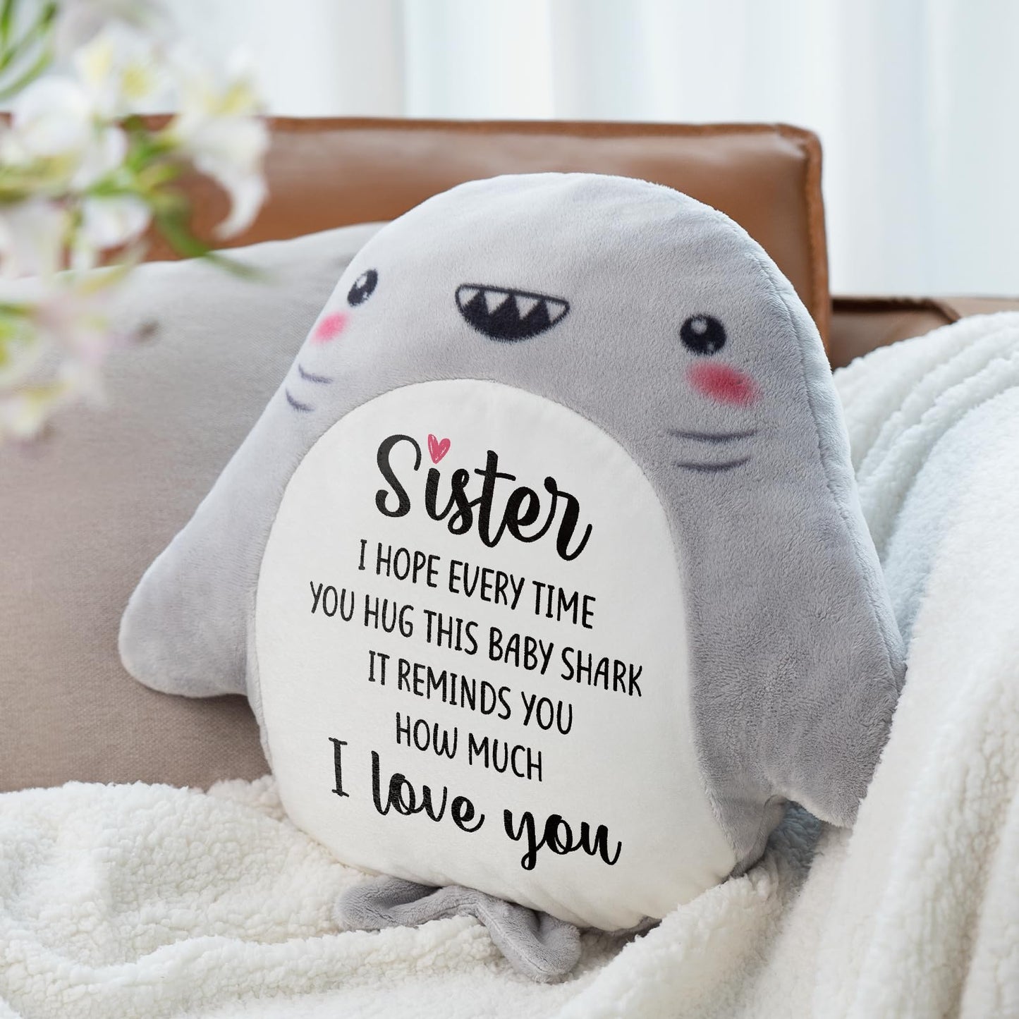IDELTIME Sister Birthday Gifts, I Love You Shark Pillow, Big Sister Gifts for Girls from Sisters Brothers, Gift for Sister in Law on Birthday, Christmas, Wedding, Cute Decorative Throw Pillow