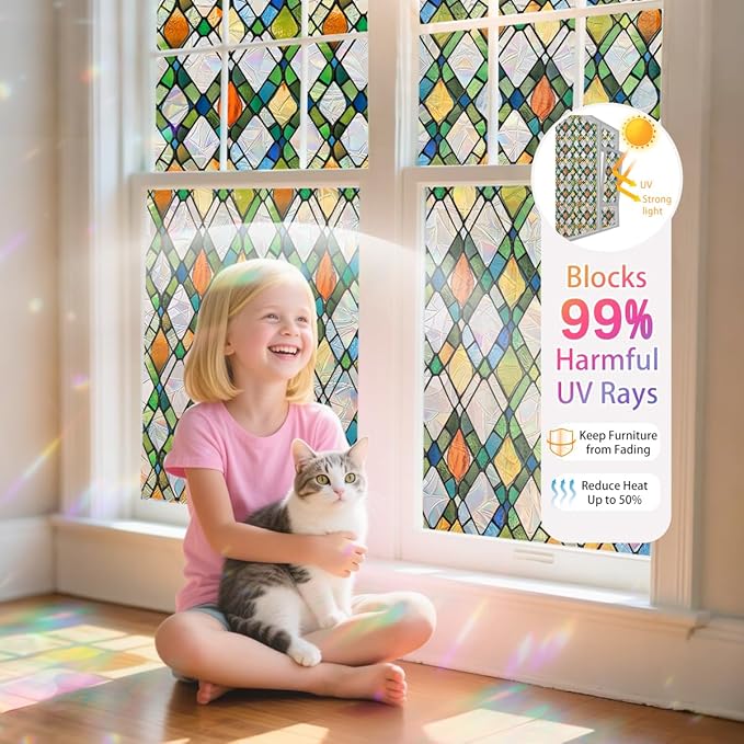 Lattice Stained Glass Window Film Static Cling with Tools - 35.4 x 78.7 Inch Non-Adhesive Privacy Decorative Rainbow Film for Windows, Doors, Sidelights - Easy Install & Remove