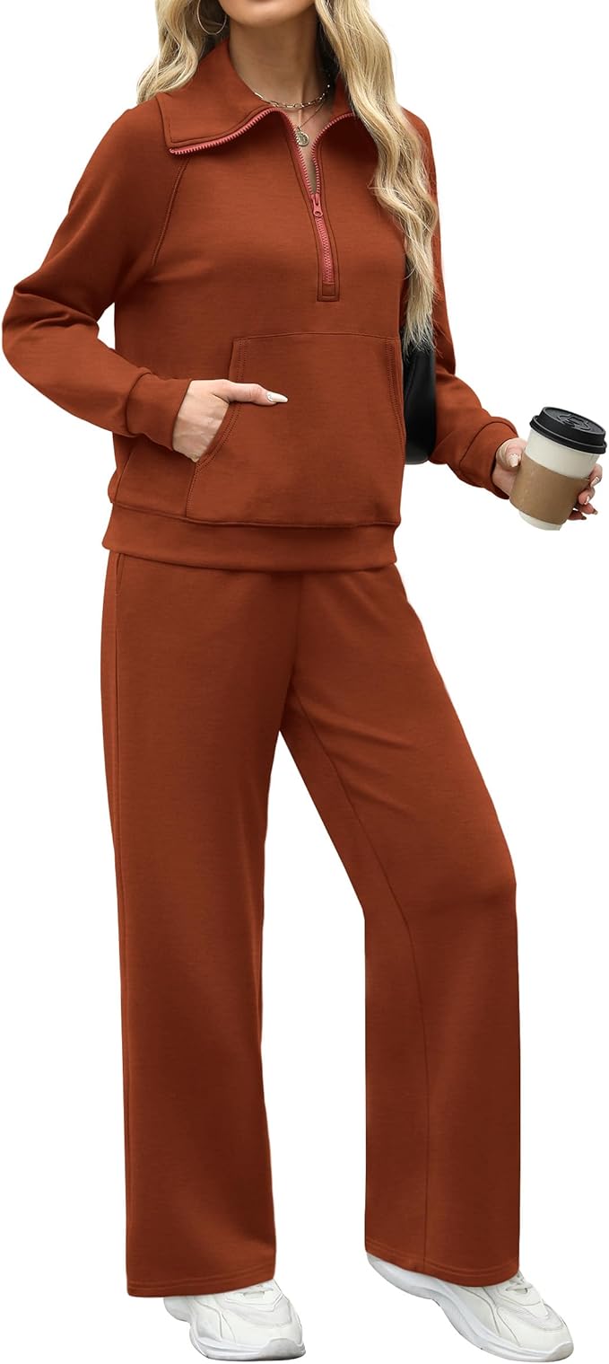 XIEERDUO Lounge Sets For Women 2025 Half Zip Sweatshirt And Wide Leg Sweatpant 2 Piece Outfits Sweatsuit Tracksuit