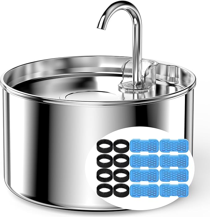 Cat Water Fountain Stainless Steel + 8 filters + 8 Sponges - Pet Water Fountains Faucet Metal Automatic Cat/Dog Waterer Bo...