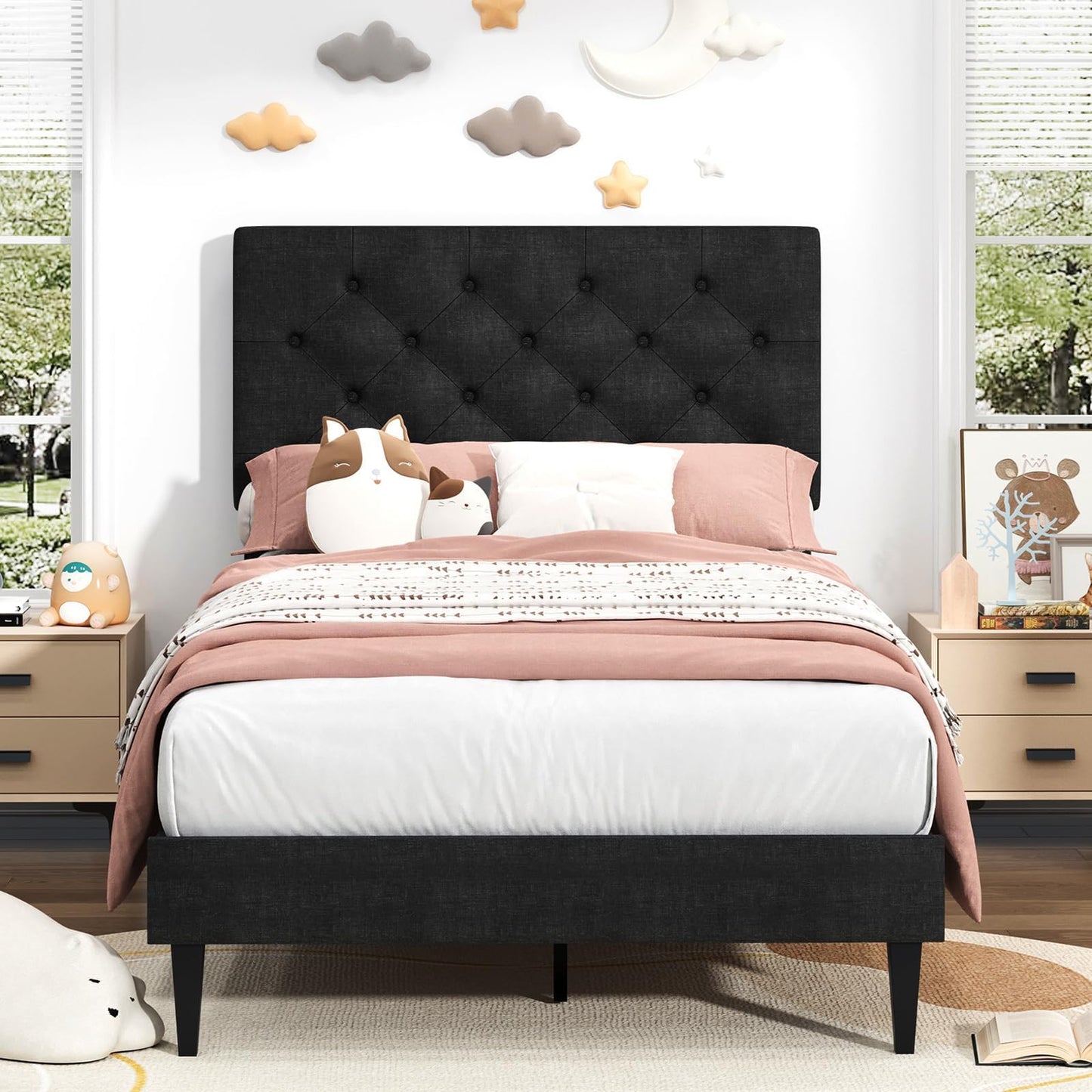 Twin Bed Frame, Upholstered Platform Bed with Button Tufted Headboard, Fabric Bed Frame with Wooden Slats Support, No Box Spring Required, Easy Assembly, Dark Grey