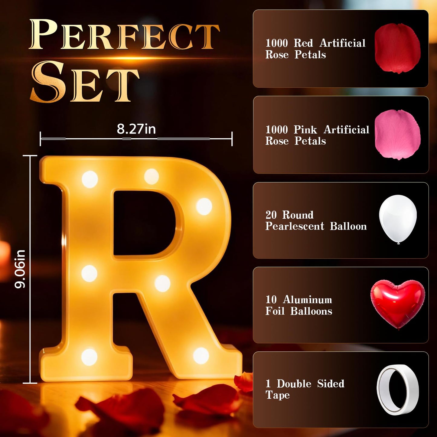 Happy Anniversary Decorations, Light up Letters Sign, with Rose Petals, Round Pearlescent Balloon, Aluminum Balloons, Light LED Neon, Table Decor for Valentine's Day Wedding Romantic Party