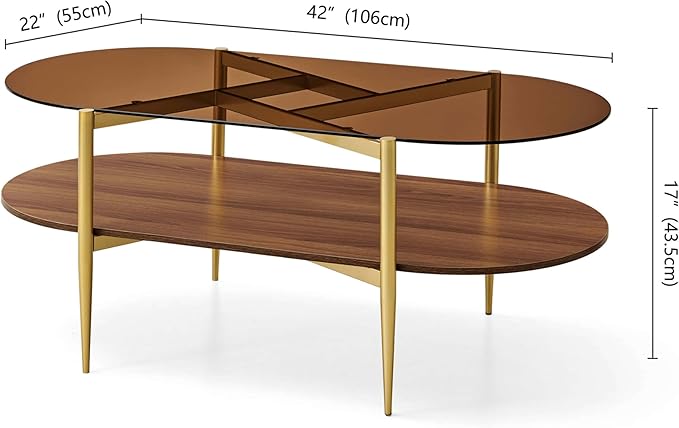 Pine Flicker Oval Glass Coffee Table, Mid-Century Modern Design, L42*W22*H17 inch, for Living Room, Amber Glass Top and Walnut Finish Wood Shelf, Conical Metal Legs with Gold Finish