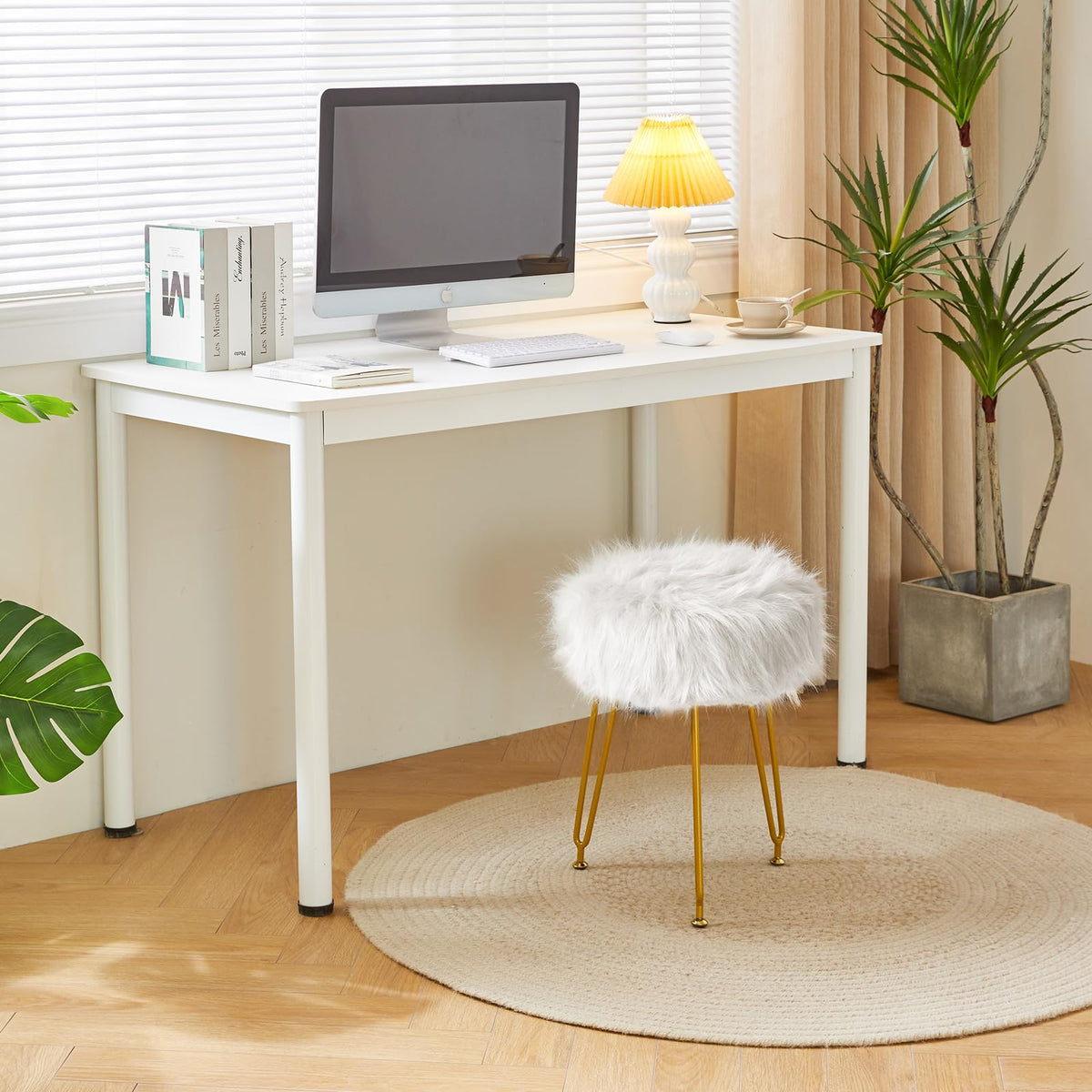 IBUYKE Faux Fur Vanity Stool Chair, Furry Makeup Stool Ottoman, Soft Padded Seat, Round Footrest Footstools with 4 Metal Legs, for Living Room Bedroom Entryway, White LG-32W