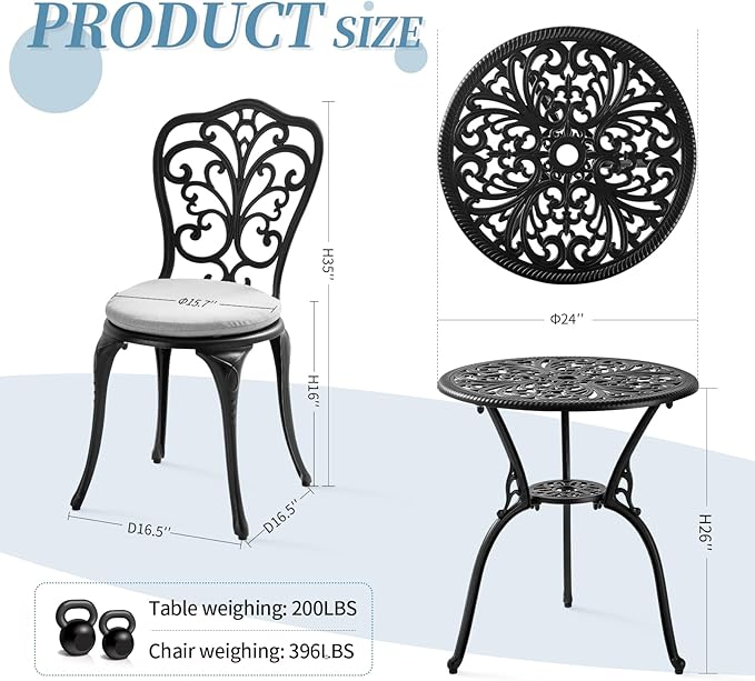 Withniture 3 Piece Bistro Patio Set Cast Aluminum Bistro Table and Chairs Set of 2 with Cushion,Outdoor Bistro Table Set with Umbrella Hole,Metal Patio Furniture Set for Garden,Black