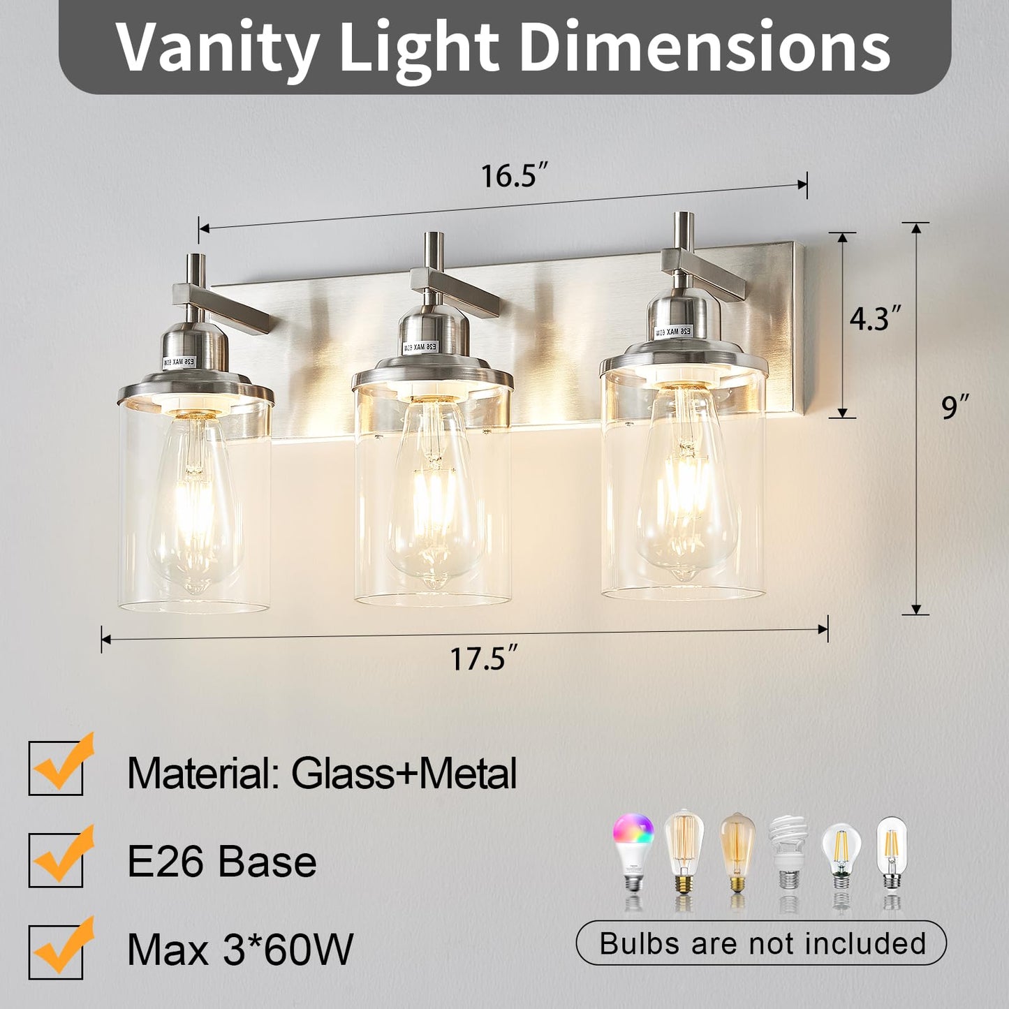 Lanhall 3-Light Brushed Nickel Bathroom Light Fixture Over Mirror Modern Bathroom Vanity Light Vintage Wall Lighting with Clear Glass Shade for Bathroom, Bedroom, Hallway, Cabinet