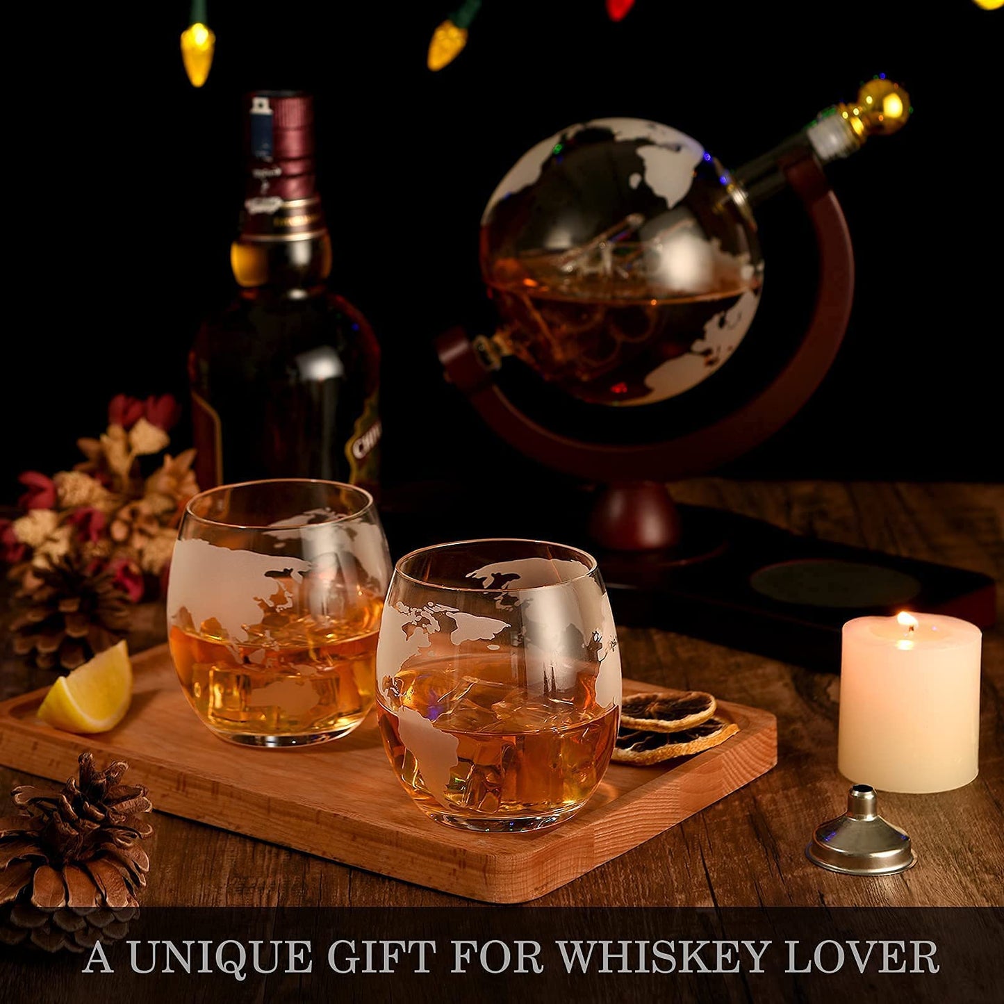 Gifts for Men Dad Husband from Wife Daughter Son, Unique Anniversary Birthday Gifts for Him, Whiskey Decanter Globe Set with 2 Glasses, Bourbon Scotch Liquor Cool Stuff Mancave Presents
