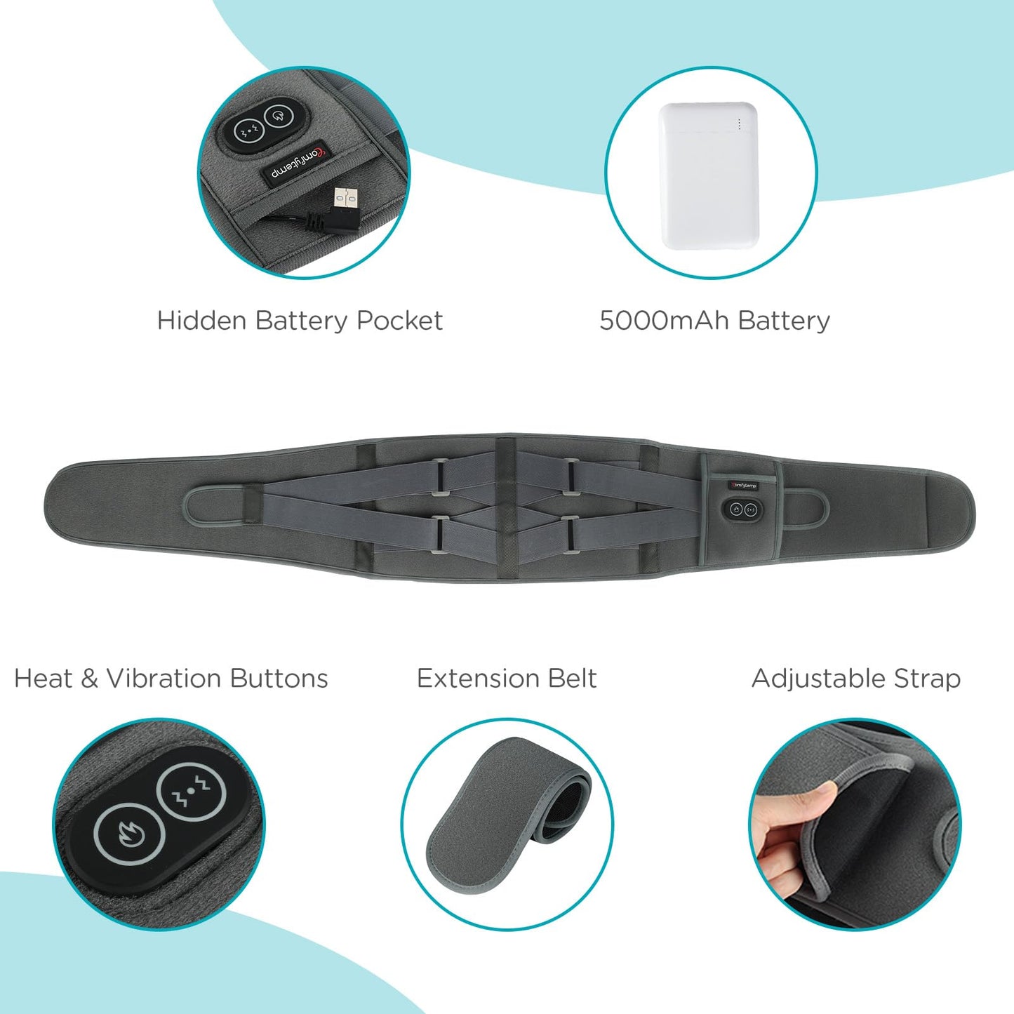 Comfytemp Cordless Heating Pad with Massager for Back, Portable Lower Back Massager FSA Eligible HSA Rechargeable Wireless Electric, Birthday Gifts for Women Men Mom Dad Seniors 3 Heat 30Auto-Off Grey