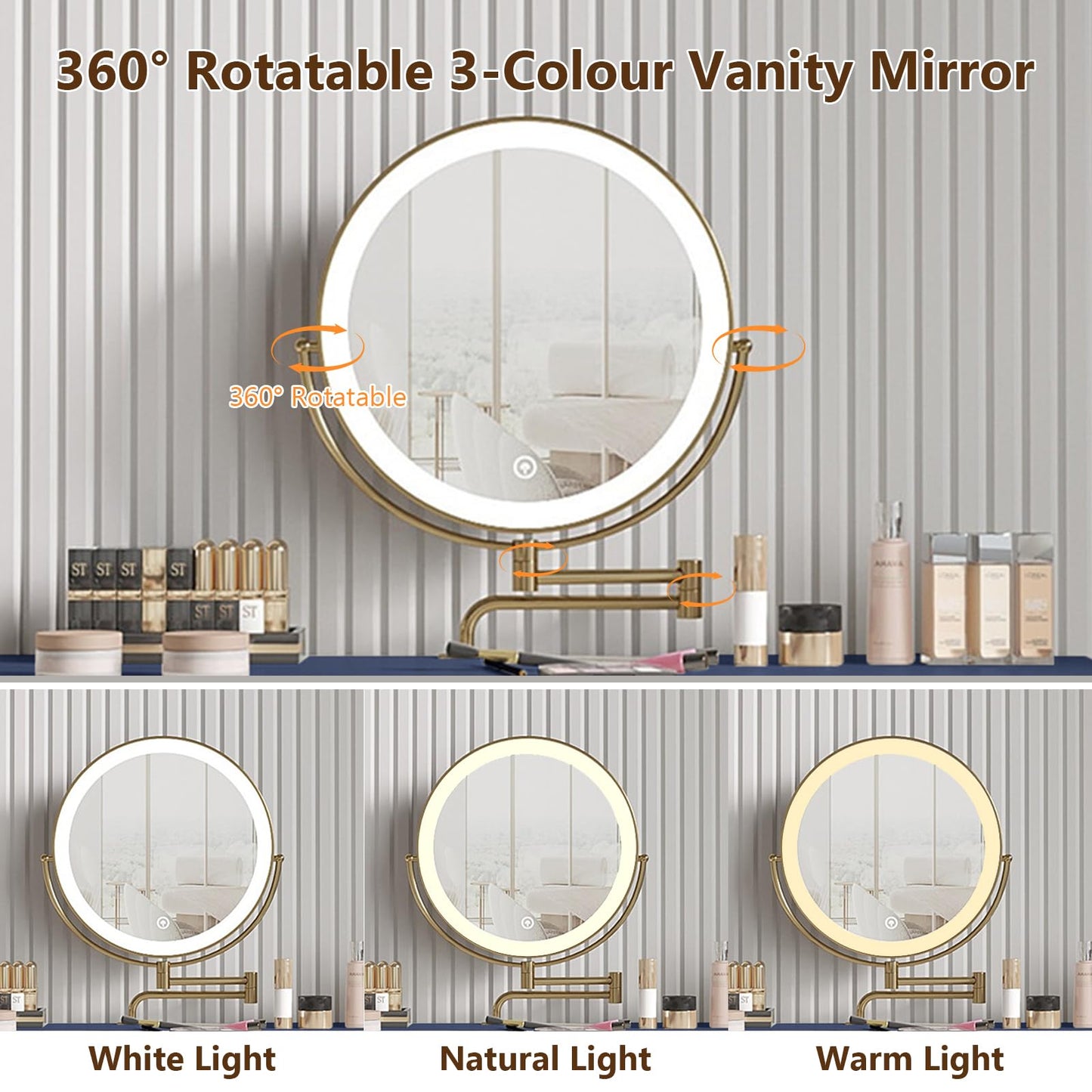 HIMAmonkey Vanity Desk Set with 360° Rotating Mirror and Lights, Small Makeup Vanity with Microfiber Leather, Vanity Table with 2 Drawers, Stool, 3 Lighting Modes - 31.5in Blue