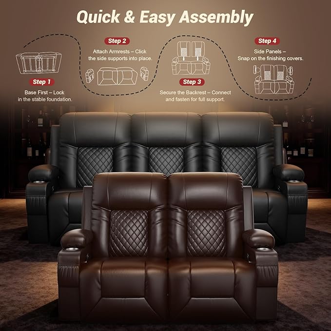 FURNIMAT Loveseat Recliner Sofa, 2 Seater Reclining Loveseat Sofa, PU Leather RV Loveseat Couch, Recliner Chair for Living Room, with Cup Holder and 2 Cell Phone Holder, USB Ports, Brown