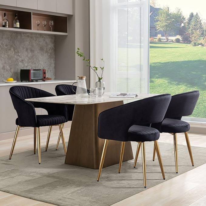 COMULER Black and Gold Velvet Dining Chairs, Modern Dining Room Chairs with Arms Set of 2 Upholstered Accent Chair Armchair with Barrel Back for Kitchen Living Room