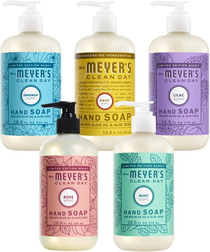 Mrs. MEYER'S Clean Day Liquid Hand Soap Variety Pack 12.5 Fl Oz Each, 1 CT (Rose + Lilac + Mint + Daisy + Dewdrop)