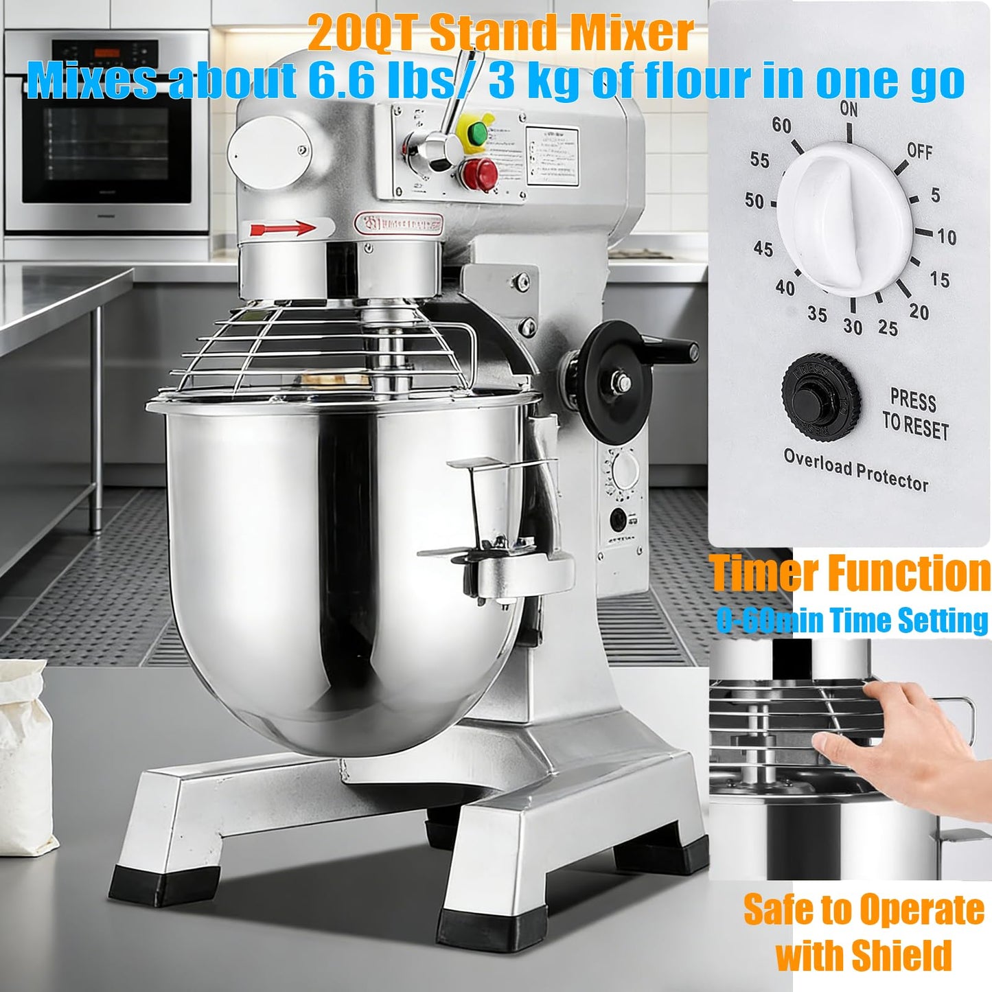Commercial Stand Mixer with 60-Min Timer, 4 Sizes (10Qt/15Qt/20Qt/30Qt) & Variable Power, Heavy-Duty Stainless Steel Bowl, 3-Speed - For Bakery, Pizzeria, Restaurant to Food Production (20 QT)