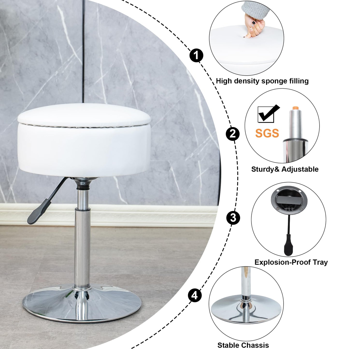 LITZFUR Vanity Stool for Makeup Room, Round Storage Ottoman Height Adjustable Leather Vanity Chair, 360° Swivel Footrest for Living Room Bedroom, White