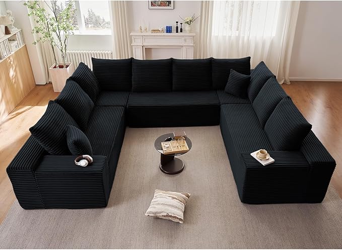Sectional Cloud Couch for Living Room, Modular Floor Deep-Seat Sofa, Big Comfy Corduroy Couches Set with Fluffy Memory Foam, Stupendous U Shaped Sofas with 12 Pillows, No Assembly Required, Black