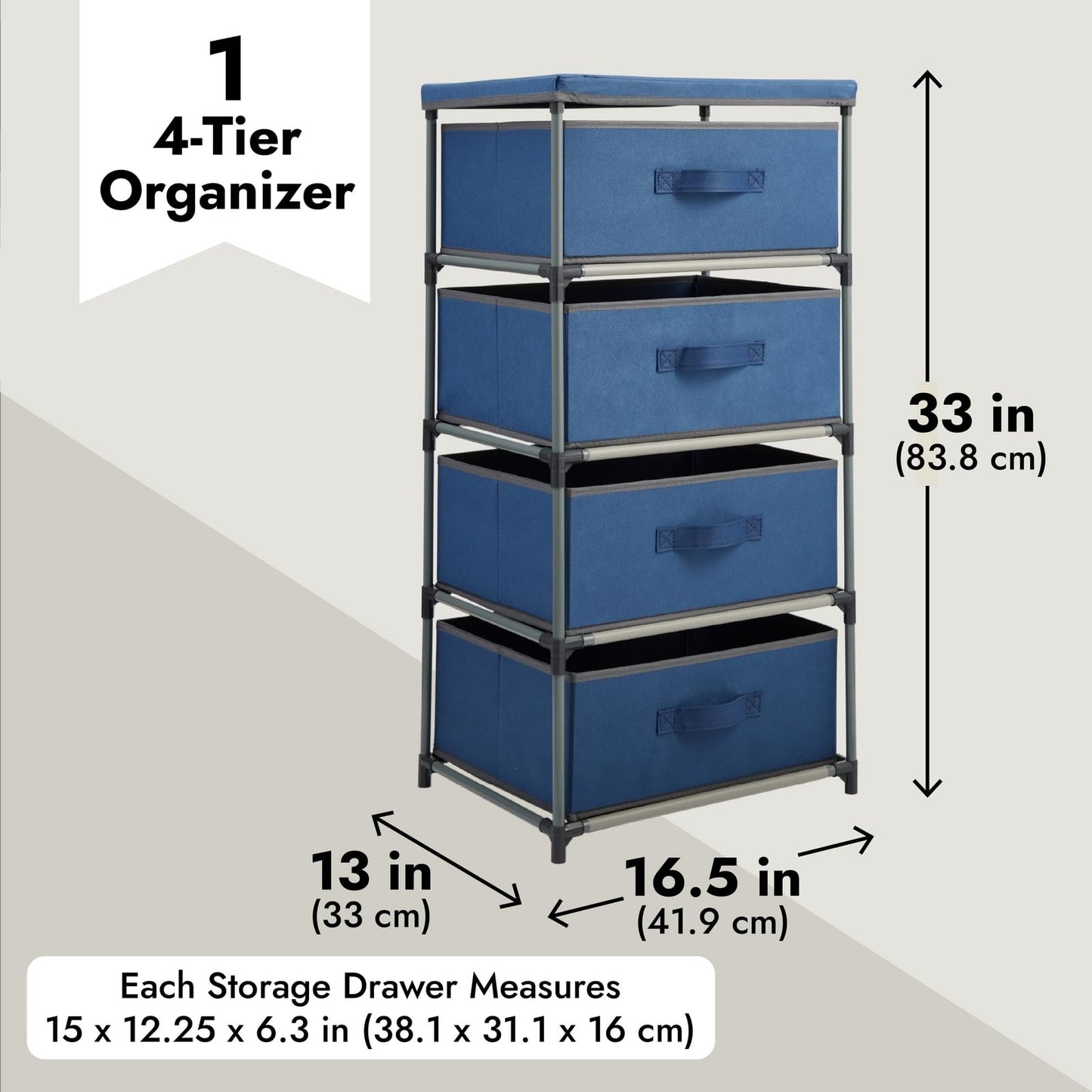 Juvale 4-Tier Tall Closet Dresser with Drawers - Organizer and Small Fabric Storage for Bedroom (Navy Blue) - Dresser for Kids Bedroom