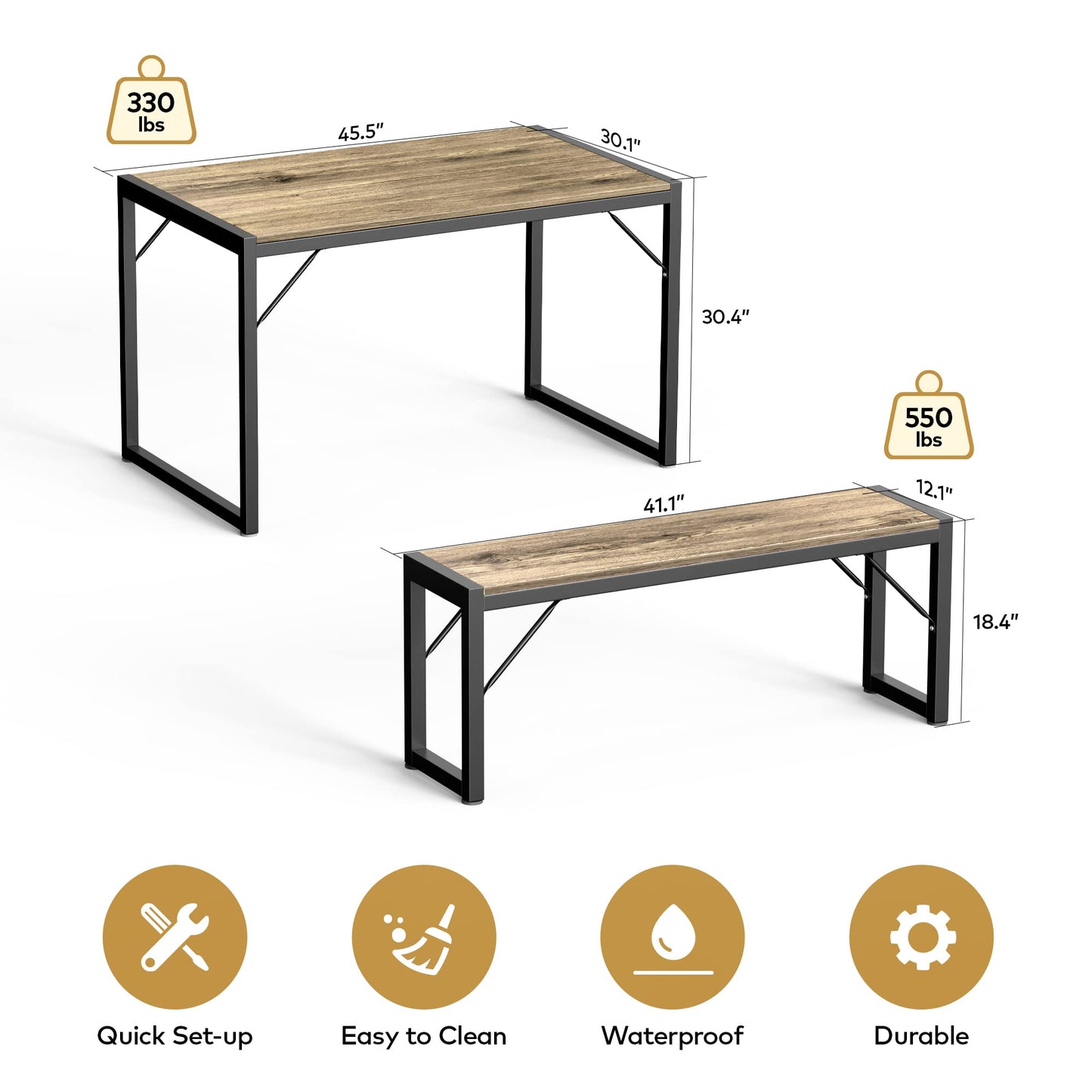 Gizoon 45.5" Dining Table Set for 4 with 2 Benches, Kitchen Table Set with Metal Frame & MDF Board, Space-Saving Dinette for Kitchen, Dining Room -Grey