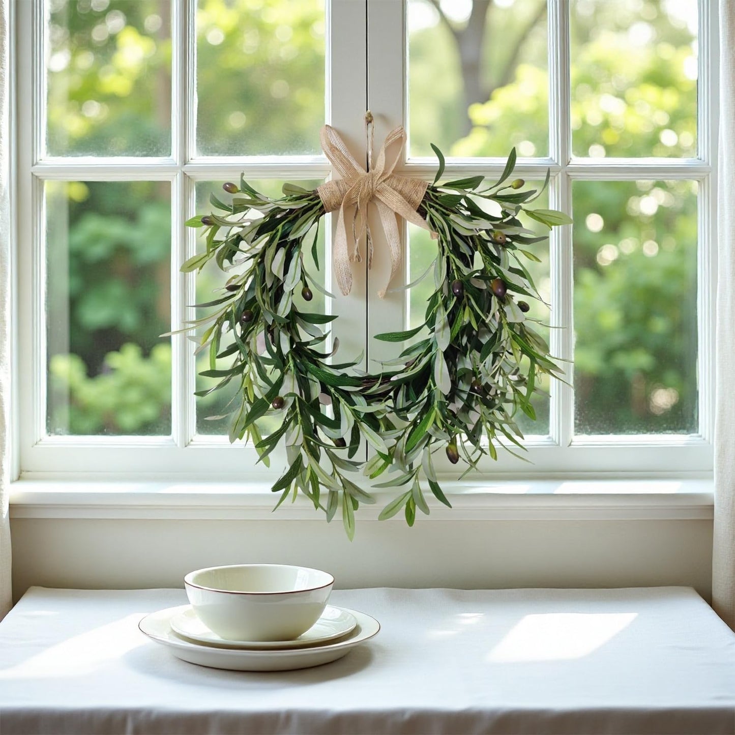 Artificial Olive Garland with Greenery Leaves – Faux Olive Wreath for Front Door, Farmhouse Wall Decor, Hanging Green Wreath for Window or Wedding Decoration (B)