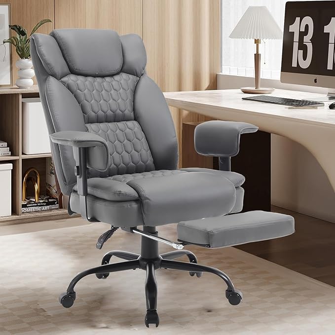 Reclining Office Chair with Footrest, 400Lb Big Tall Office Chair with Lumbar Support Pu Leather Computer Swivel Executive Chairs for Adult, High Back Recliner Office Desk Chair,Grey